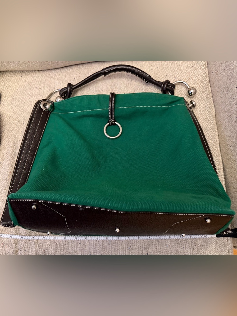 BCBGMaxAzria Green Canvas Messenger Bag with Dark Brown Leather Trim - Picture 6 of 11